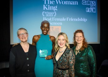 Girls On Film Awards 2023 pictured left to right: Philippa Lowthorpe, Sheila Atim receiving Female Friendship Award on behalf of The Woman King , host Anna Smith, executive producer Hedda Archbold 
